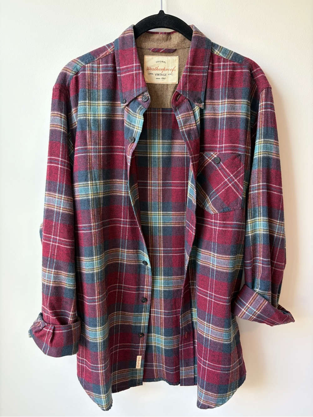 Weatherproof Plaid Flannel Shirt - Burgundy, Teal & Brown